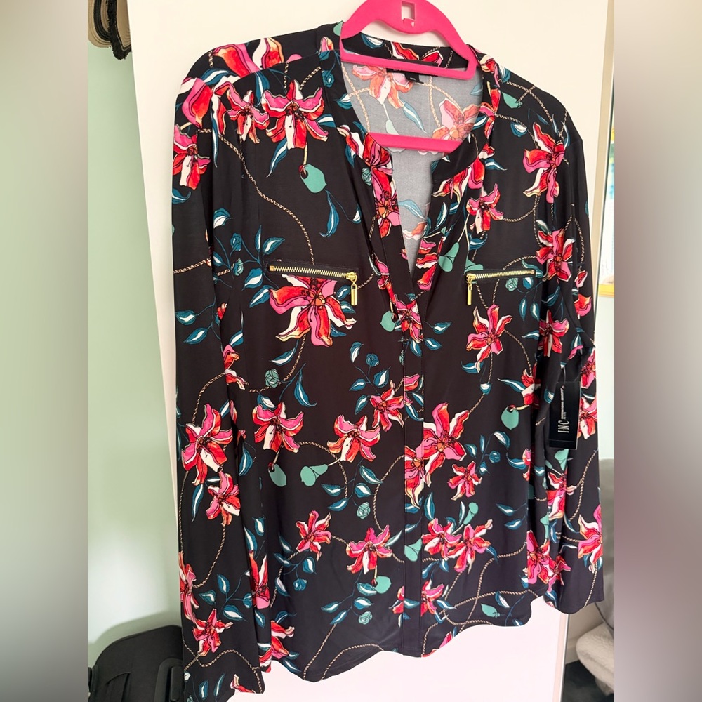 INC International Concepts Black Button-Down Blouse with Pink Floral